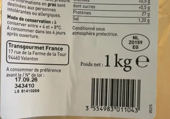 Étiquette d'un bloc d'emmental photographiée au déconditionnement