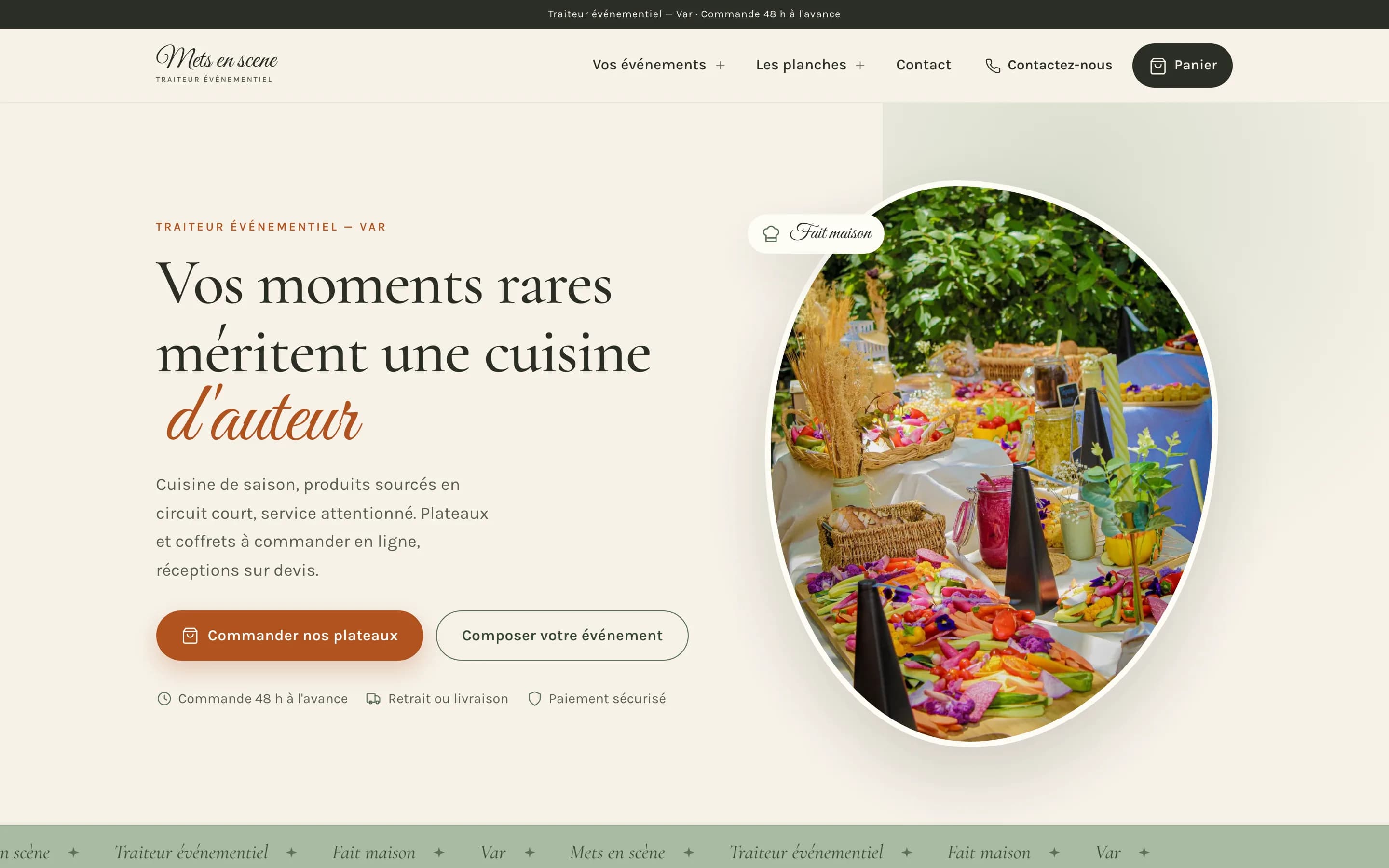 Page d’accueil du site de Mets en Scène, traiteur événementiel